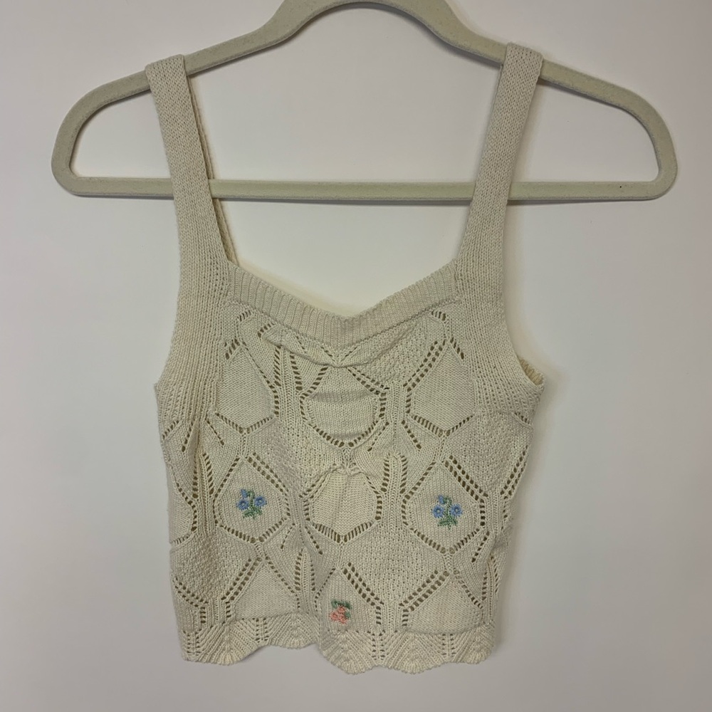 Freshman 1996 Womens Tank Ivory Pointelle Embroidered Cottagecore Coquette SZ XS